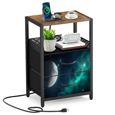 Table de chevet 2 tiroirs en tissu avec station de charge Moon Starry Night Sky Turquoise Nebula Cosmic Space Table de chevet avec ports USB et prises