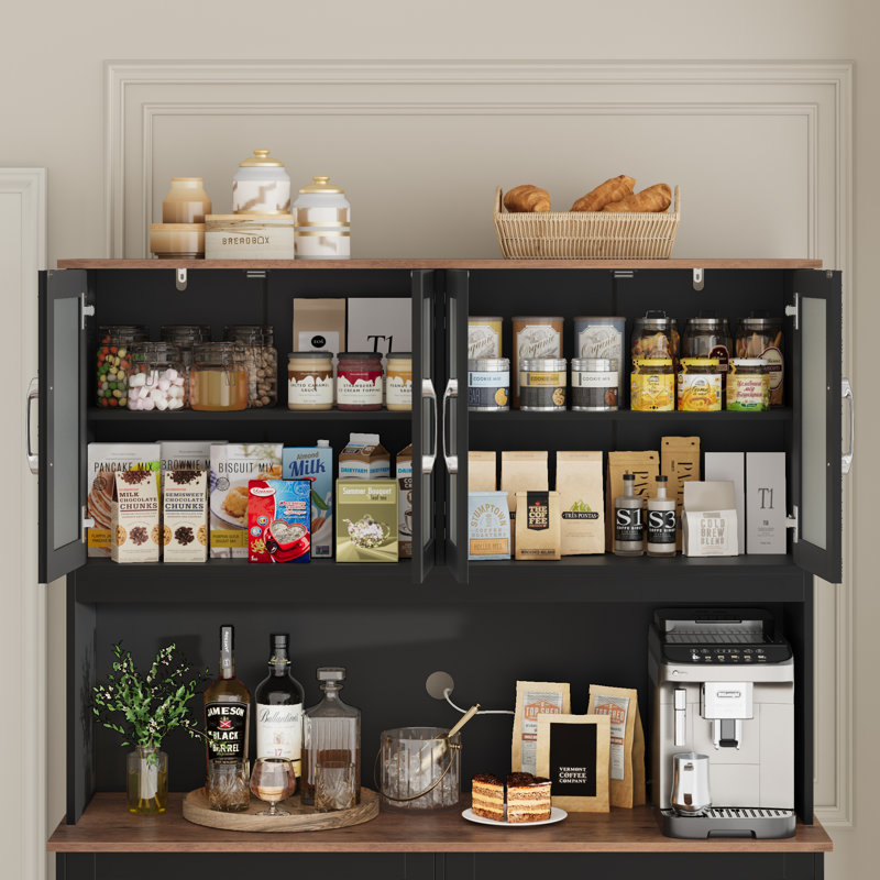 Garde-manger autoportant de 70,9 po avec tablette à micro-ondes et tiroirs Kyale, Noir/chêne