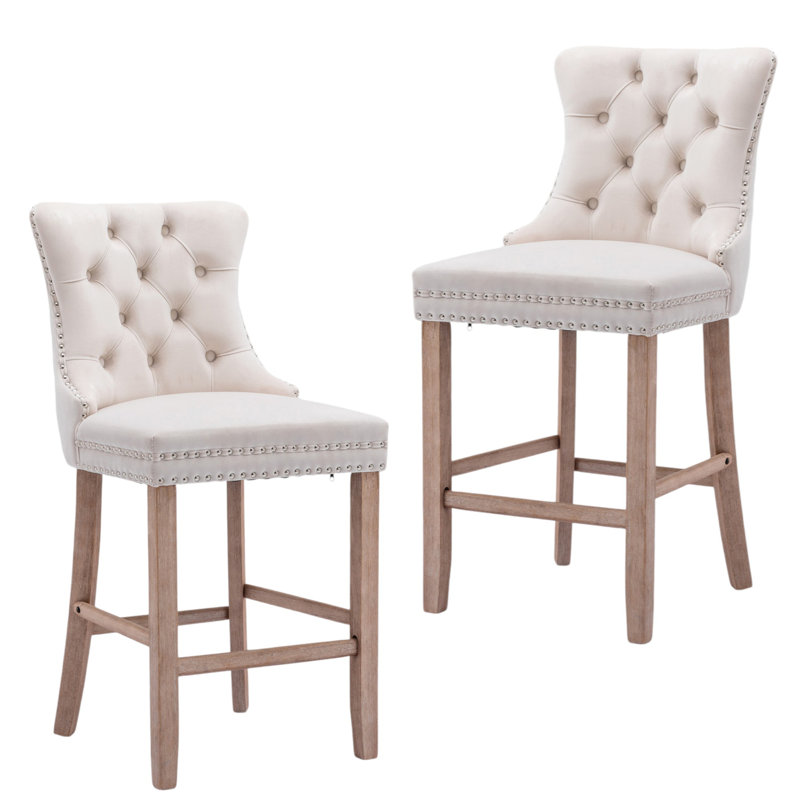 Beige Velvet Upholstered Bar Stools with Natural Wood Legs, Set of 2