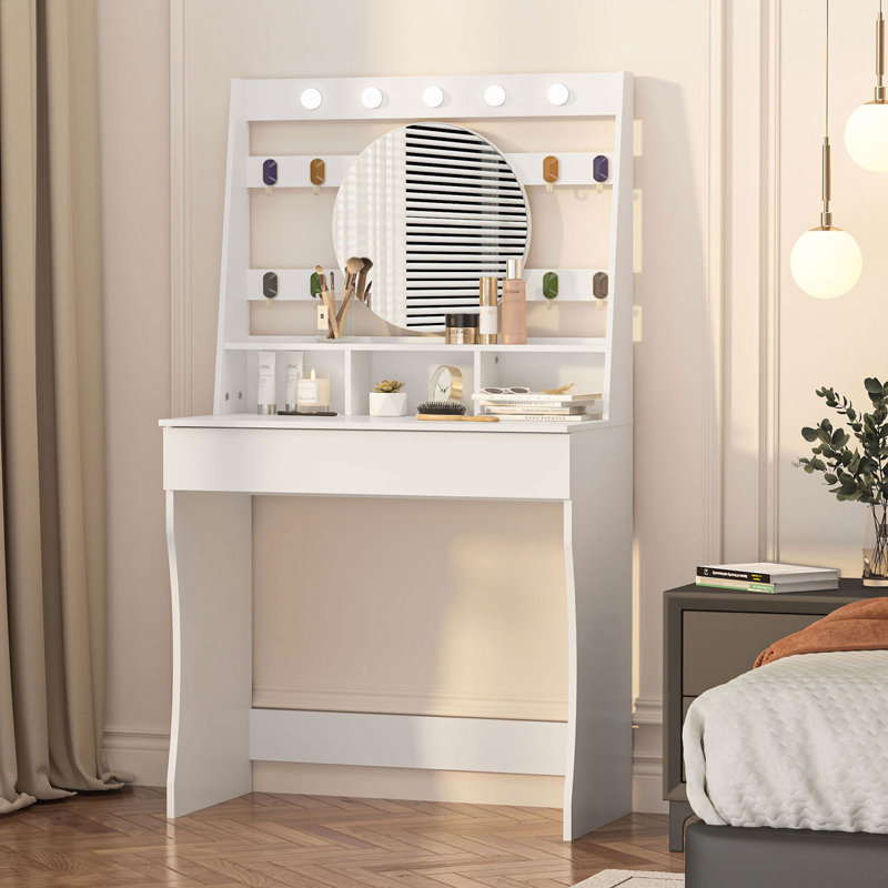 Tamme Modern Dressing Table with Lighted Round Mirror & Storage, Compact Vanity Desk, White