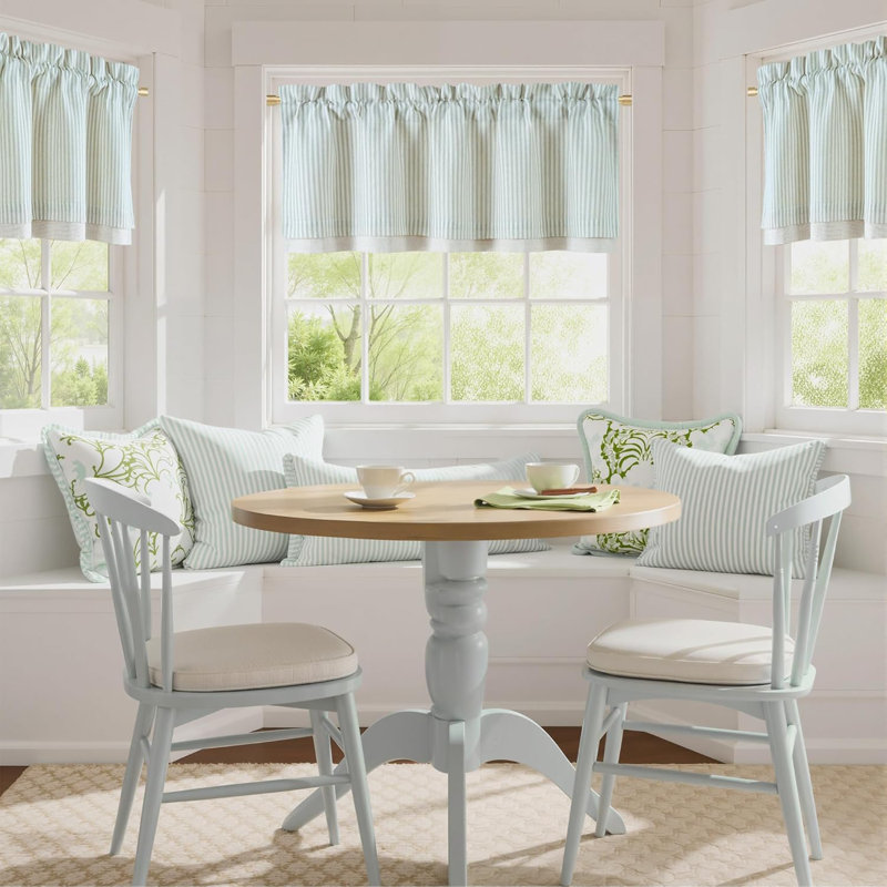  Double Layer Valance Curtains for Windows, Linen Textured Farmhouse Pinstripe Kitchen Window Treatment, Light Filtering Rod Pocket for Living Room Bathroom, 52x18, 1 Panel