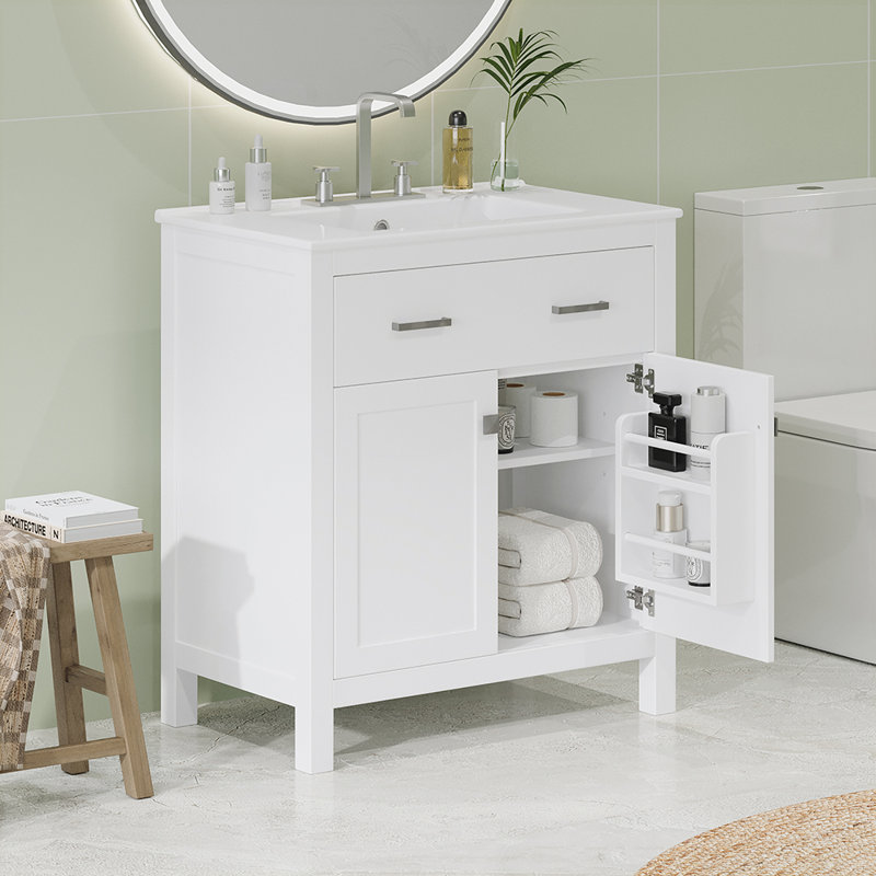 Zenae 30'' Single Bathroom Vanity with Ceramic Top, White, Silver