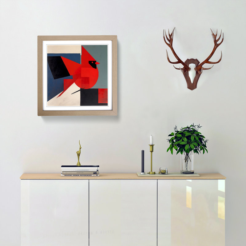 Cardinal Bird Suprematism No.5 - Framed Print, Oak