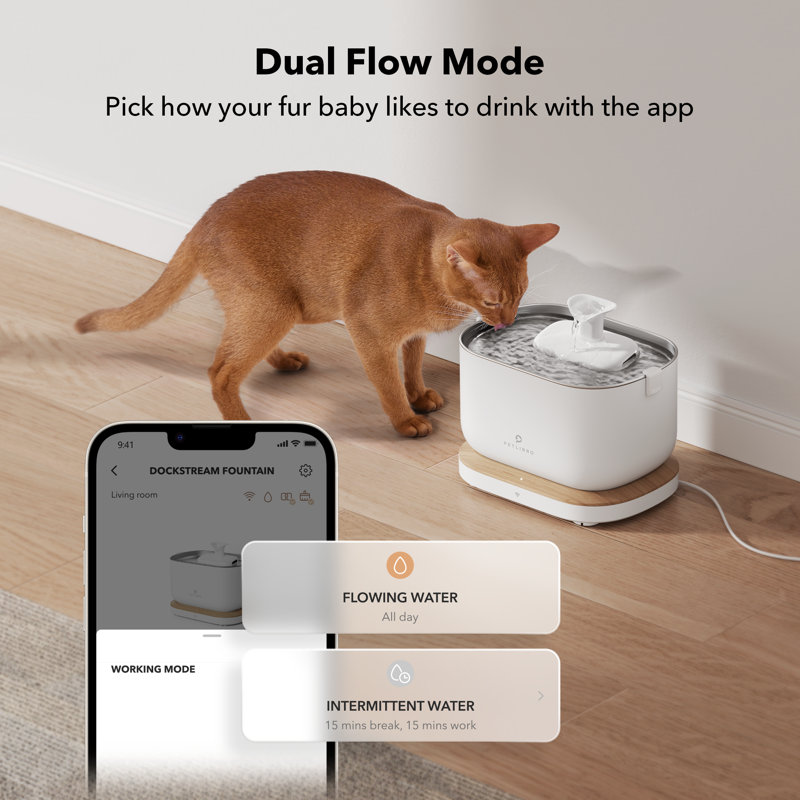 White Wireless Battery Operated Cat Water Fountain with Stainless Steel Tray