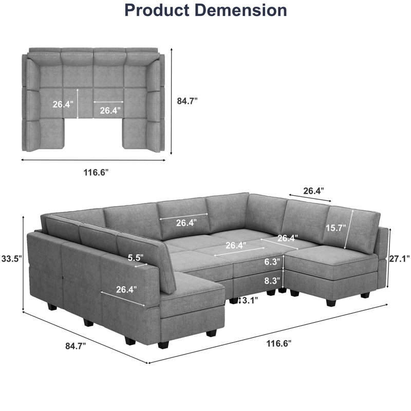 Neemi Oversized Modular Sectional Sofa U Shaped Couch Set With Storage Seat Convertible Large Couch U Shape Set