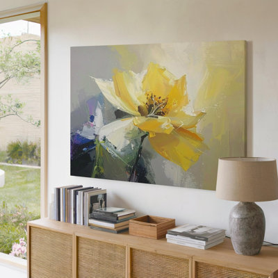 Art mural sur toile rayonnante florale, toile abstraite florale jaune, art prêt à accrocher, décor de galerie, décoration moderne
