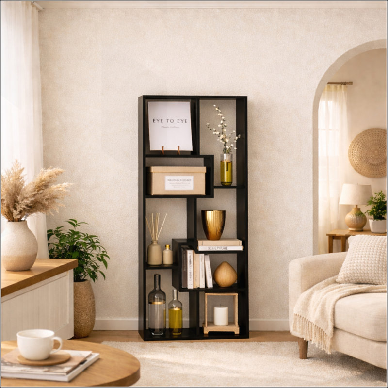5-Tier Asymmetrical Display Shelf & Bookcase for Efficient Storage and Stylish Room Division, Black