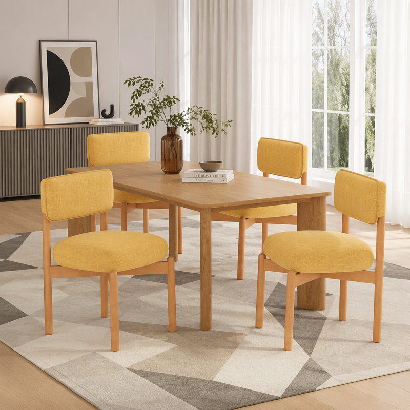 Chaises de salle à manger modernes en bois (ensemble de 2), chaises rembourrées en tissu de lin avec structure en bois massif et assise rembourrée