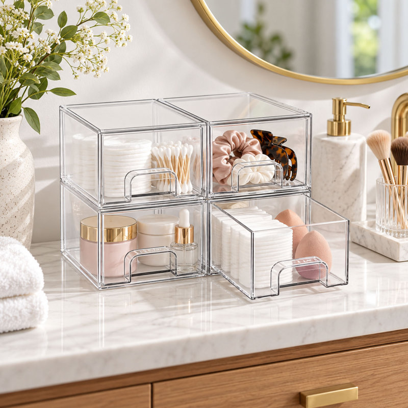 Lot de 4 tiroirs de rangement transparents empilables pour l'organisation de la salle de bain et du bureau