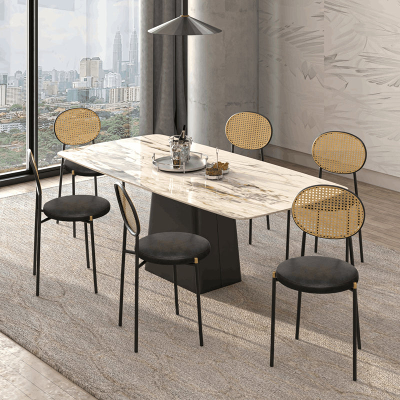 Aide Leather Dining Side Chair with Rattan Back and Black Metal Legs – Mid-Century Boho Chair for Kitchen and Dining Room