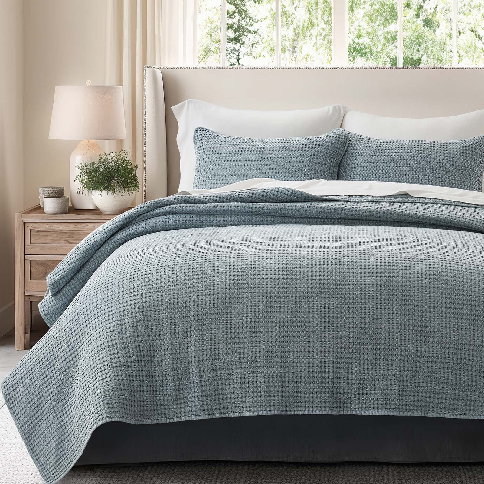 Waffle Cotton Quilt Set, King Quilt + 2 King Shams, Blue Linen