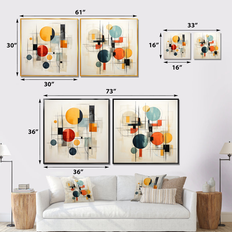 Ensemble de 2 collages carrés géométriques multicolores, Cadre flottant noir, H 16 po x l 33 po