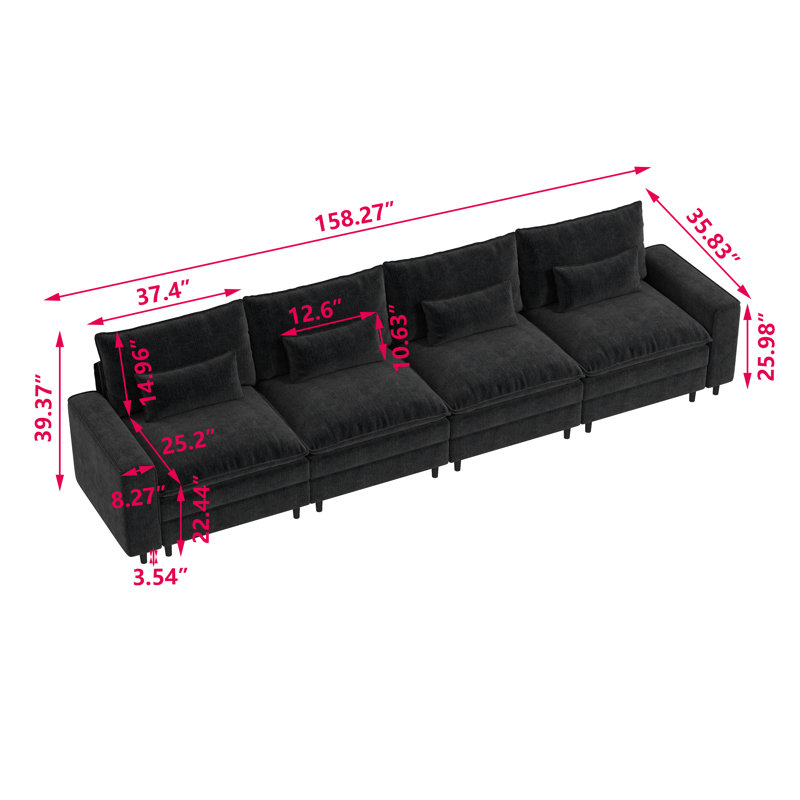 Canapé modulaire moderne en chenille, H 39,37 po x l 158,27 po x P 35,83 po, 4, Noir