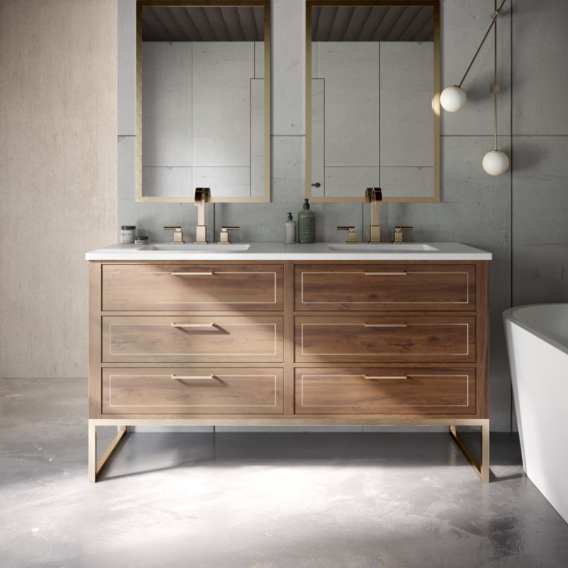 Markham 60 in. Double Vanity, White Quartz, Walnut, Satin Brass