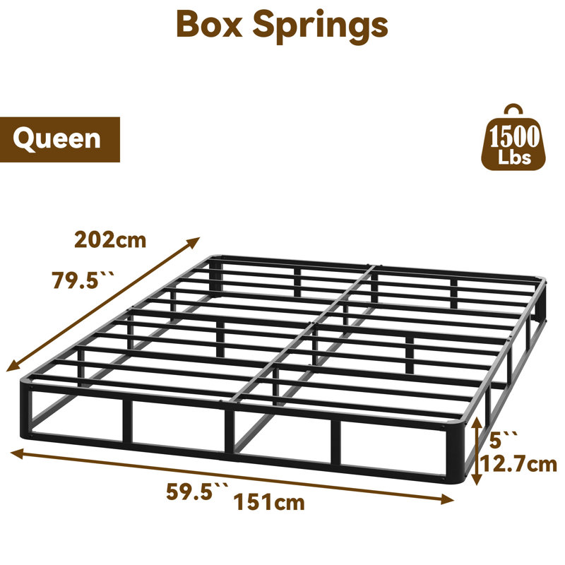 5 Inch Box Spring Queen Size Bed Base, Heavy Duty Metal Queen Mattress Foundation With Fabric Cover, Easy Assembly