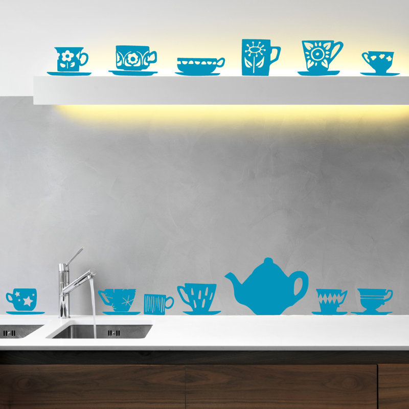 Décalcomanie murale tasses de thé, H 32 po x l 33 po x P 0,01 po, Bleu sarcelle
