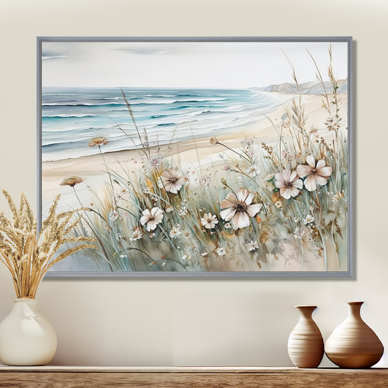 Fleurs sauvages sur la plage - Fleurs sauvages encadrées, H 30 po x l 40 po x P 1,5 po, Cadre flottant argent