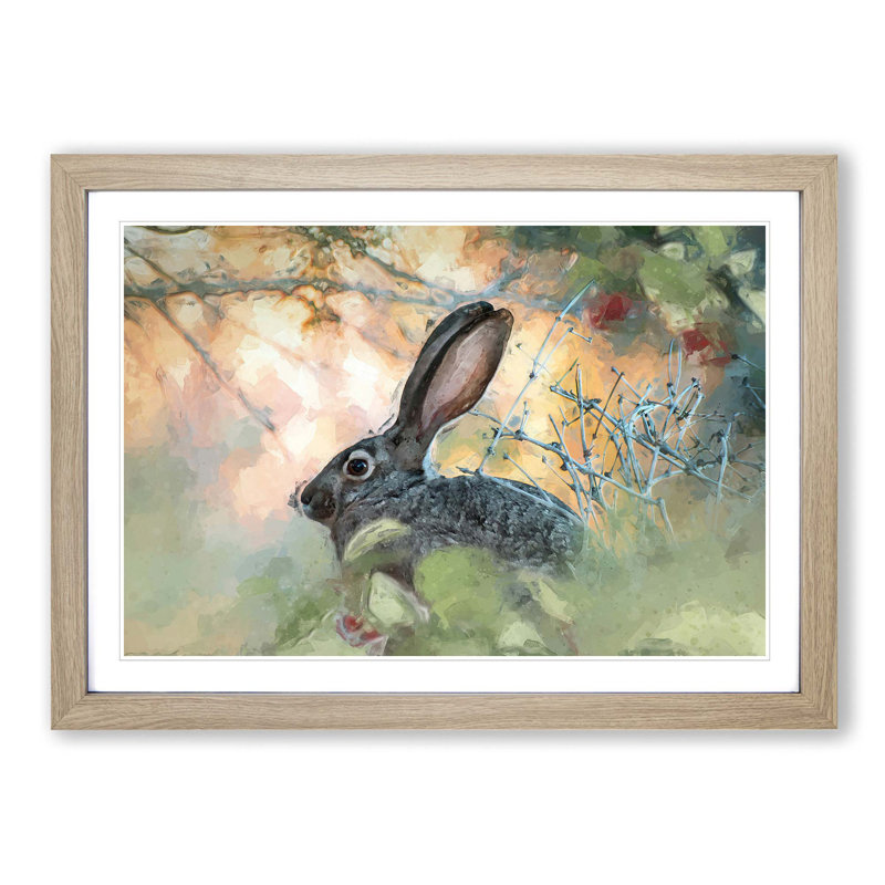 Hare in the Bushes in Abstract - Picture Frame Graphic Art Print on MDF, 62cm H x 87cm W x 2cm D, Oak Framed