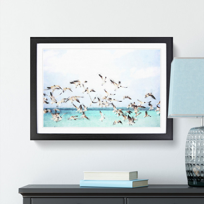 Flock Of Seagulls Over The Sea - Single Picture Frame Print on MDF, Black Framed, 24cm H x 33cm W x 2cm D