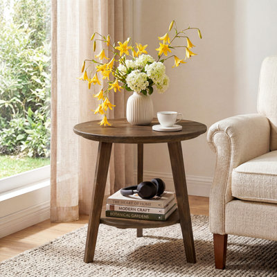 2-Tier Solid Wood Round Farmhouse End Table With Storage Shelf