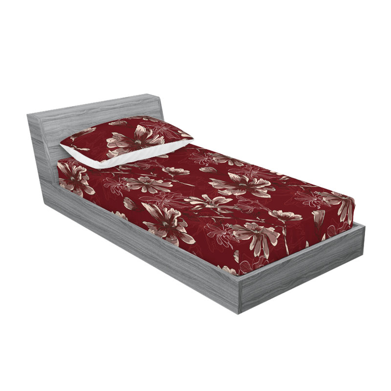 Ambesonne Fitted Sheet & Sham Spring Magnolia Sketch Dimgray Burgundy, Twin Sheet Set with 1 Pillowcase