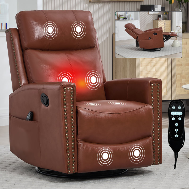 Fauteuil inclinable manuel à massage thermique en cuir véritable avec chaise berçante et pivotante, Rouge