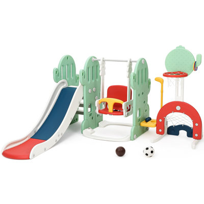 Ensemble de glissade et de balançoire 7 en 1 pour tout-petits, grimpeur autoportant pour enfants avec cerceau de balançoire et de basket-ball réglable, jeu de soccer et de lancer, jeu de jeu intérieur et extérieur pour tout-petits de 1 à 3 ans, vert