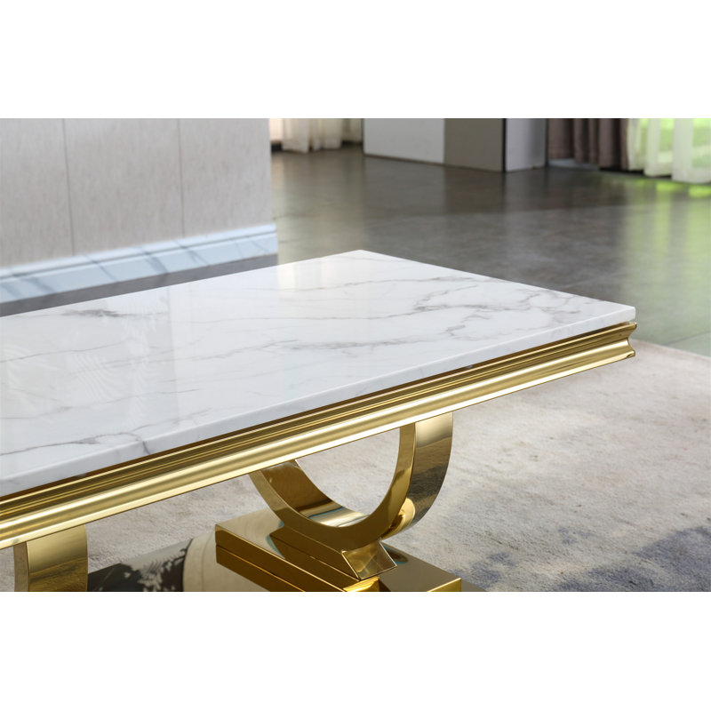 Coutee 47"L Coffee Table with Double Pedestal Base and Marble Top, Gold, White