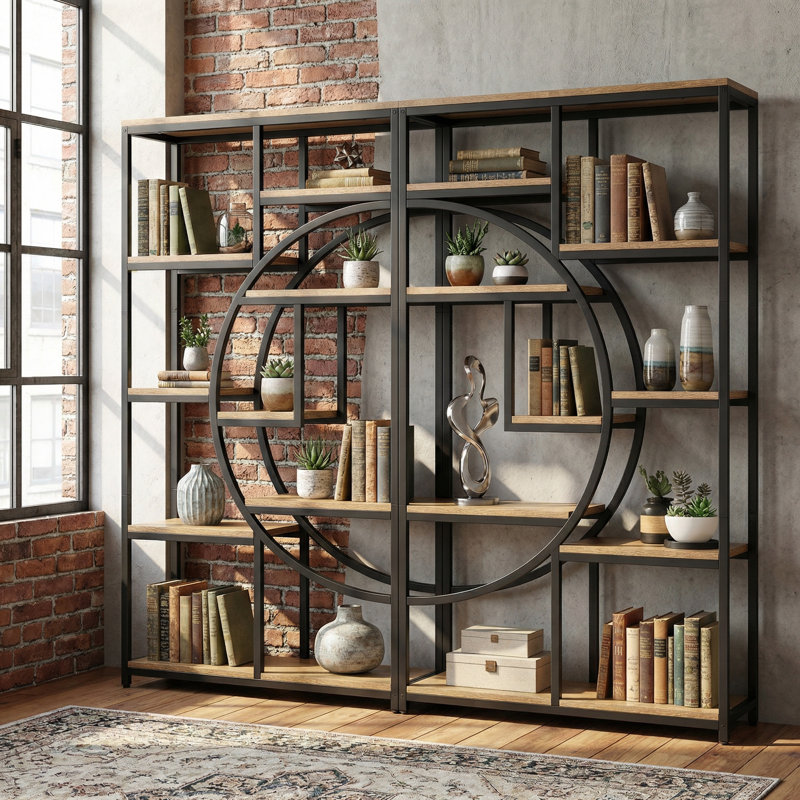 Stoil 68.89" H x 37.4" W Steel Geometric Bookcase, Light Brown/Black