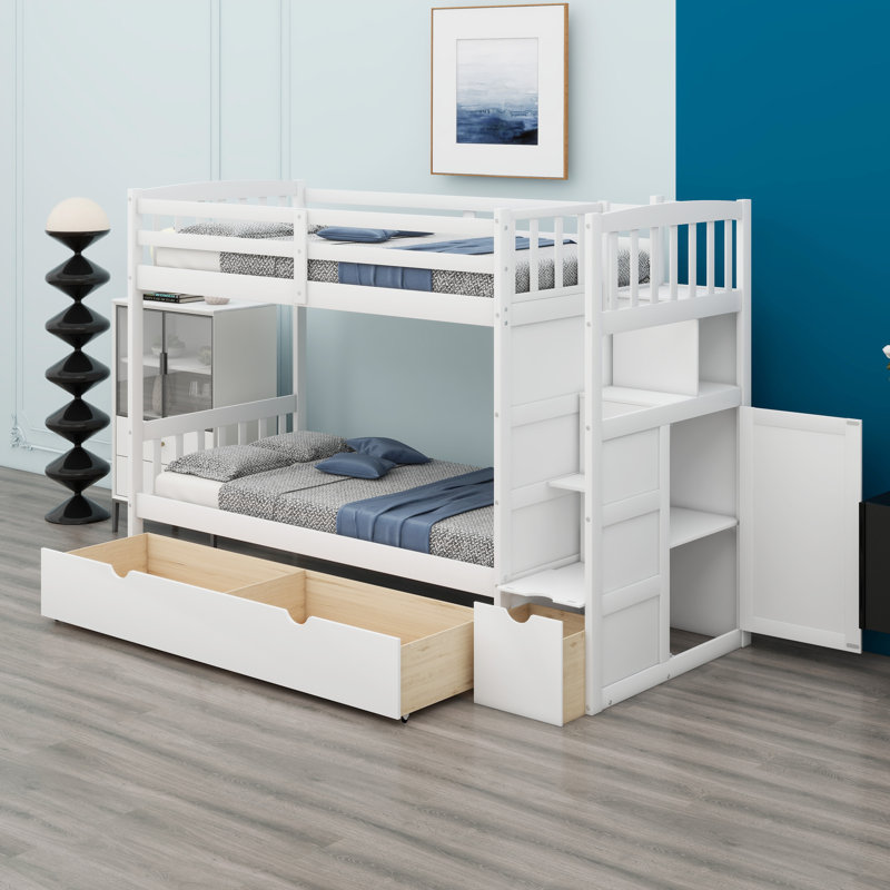 Lit superposé polyvalent avec couchette inférieure convertible, tablettes de rangement intégrées et tiroirs pour des solutions de chambre à coucher peu encombrantes