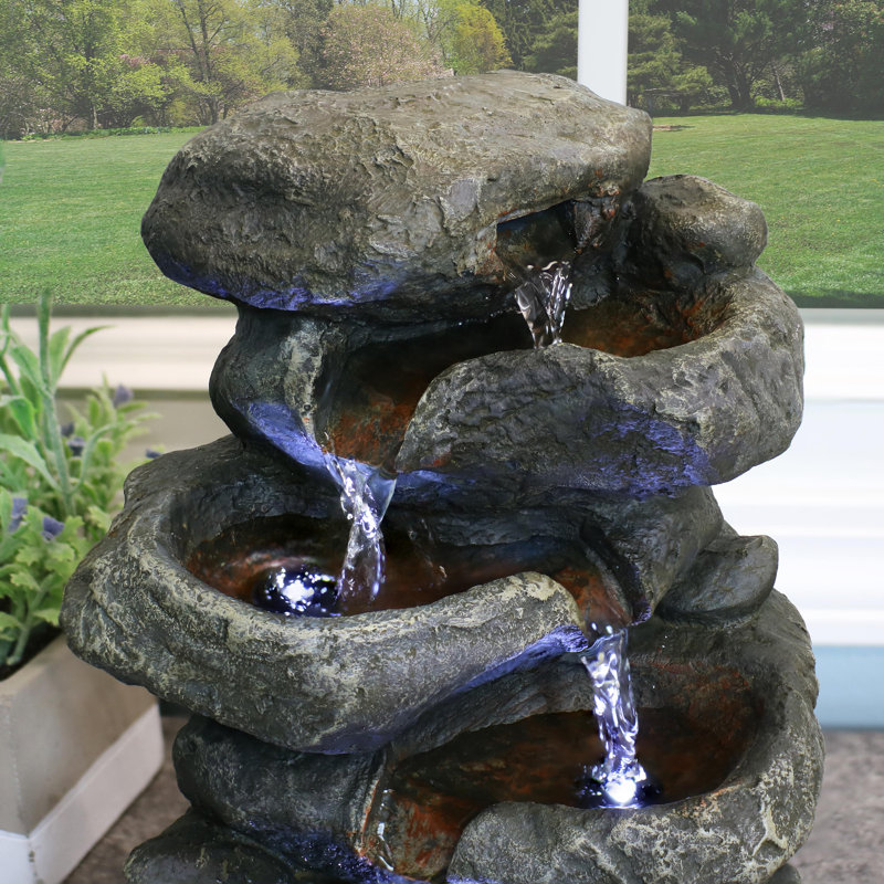 Light Grey Polyresin Stacked Rocks Tabletop Fountain with LED Lights