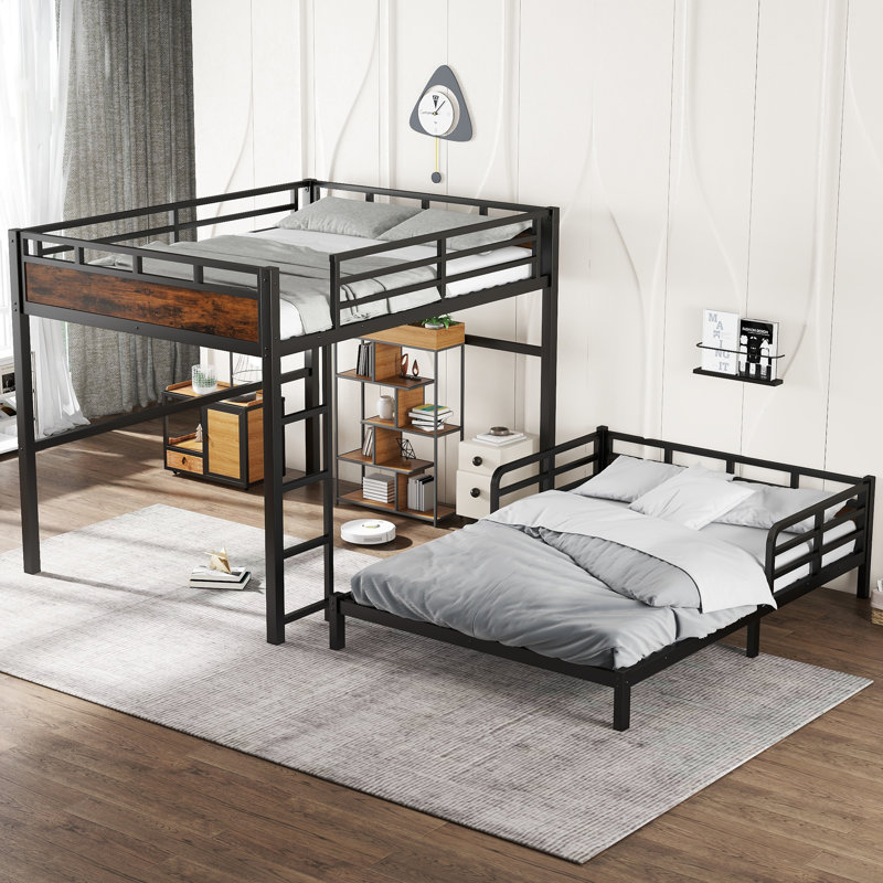 Queen Bunk Bed, Metal Loft & Platform Bed with Raised Safety Fence – Split & Space-Saving,Vintage Wood-colored