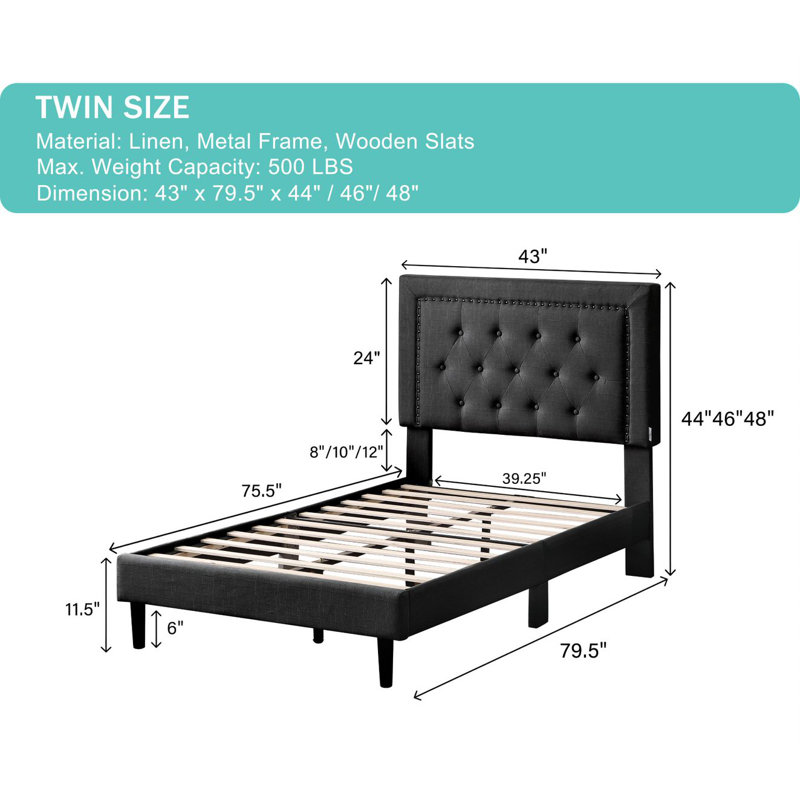 Cianciolo Upholstered Wingback Bed, Black, Twin