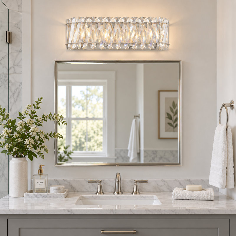 Applique murale de salle de bain à 4 lumières en nickel poli de 22 pouces avec abat-jour en cristal superposé, Nickel