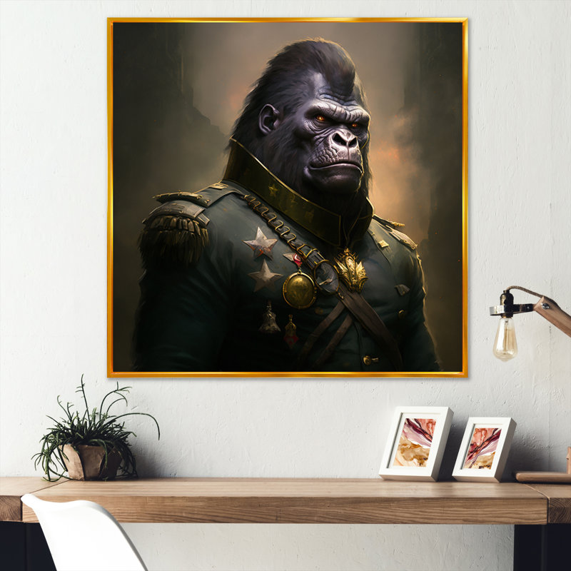 Portrait d'un gorille en uniforme militaire - reproduction sur toile flottante, L 30 po x H 30 po, Or