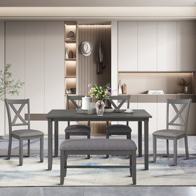 Bremble Vintage style 6 - Piece Dining Set with x-back dining chairs and bench for dining area by Rosalind Wheeler
