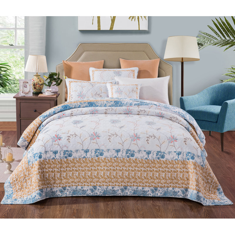 Cotton Reversible Embroidery Quilt Set, Twin Quilt + 1 Standard Sham
