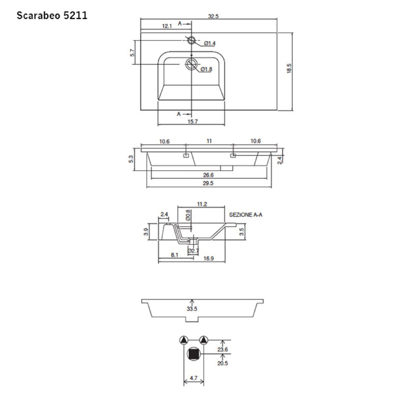 Scarabeo by Nameeks 18.5 " Ceramic Rectangular Bathroom Sink and Overflow Hole, One Hole