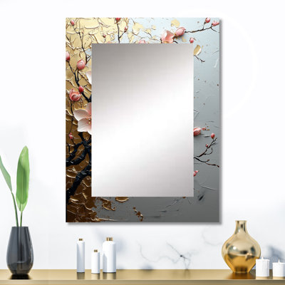 Rose et or cerisier en fleurs au bord du lac II - miroir décoratif cerisier en fleurs, grand miroir mural traditionnel, impression sur métal