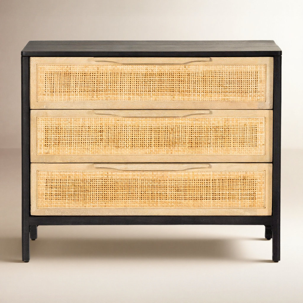 Nellie 3-Drawer Cane Chest, Black/Natural