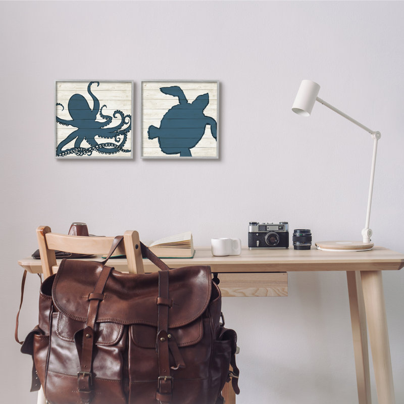 «Nautical Blue Silhouette Octopus Sea Turtle», ensemble de 2 impressions, H 12 po x l 12 po x P 1,5 po