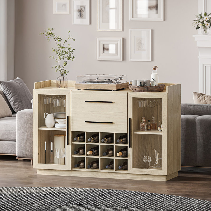 Raymen 55" Wine Bar Cabinet with Wine Glass Holder and Drawer Style Wine Racks, White Lotus
