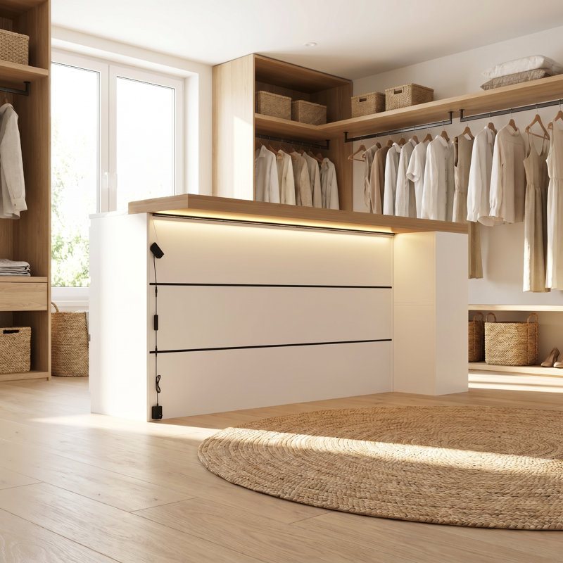 Îlot de rangement de 81 po avec éclairage à DEL, tiroirs de rangement et conception sans poignée - Organisateur de garde-robe moderne pour vestiaires