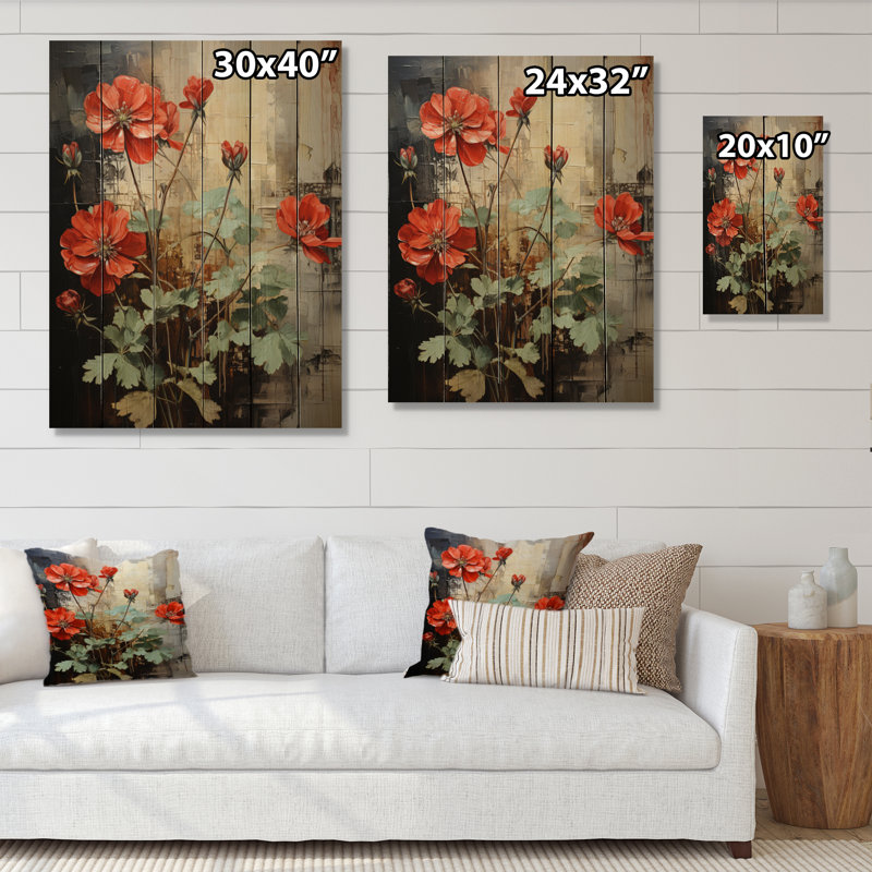 Red Geraniums Scarlet Bloom Patchwork I - Impression florale et botanique sur bois de pin naturel