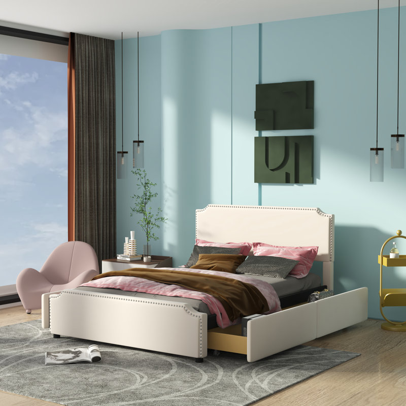 Lit plateforme tapissier avec rangement Ljubka, Beige