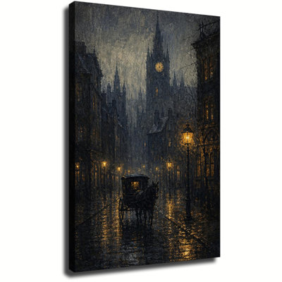 Victorian Rainy City Street With Horse Carriage Dark Oil Painting, Gothic Vintage Canvas Wall Art For Home Wall Decor