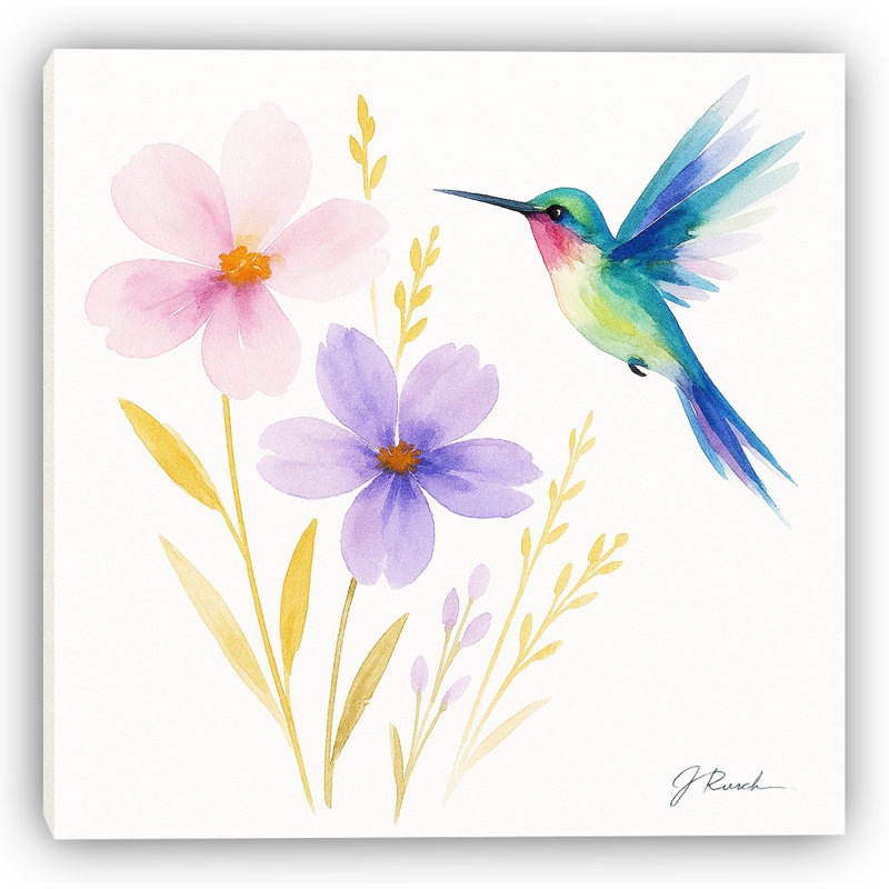 Art mural aquarelle, colibri et fleurs, H 12 po x l 12 po