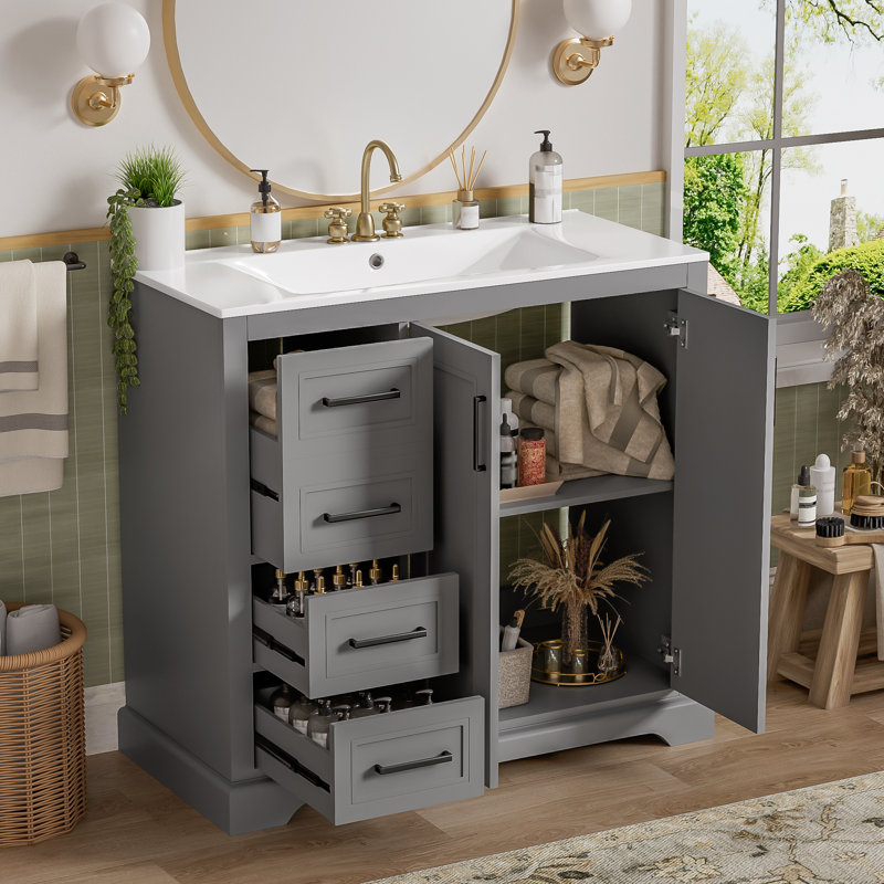 36" Freestanding Bathroom Vanities with Single Sink, Gray / Black