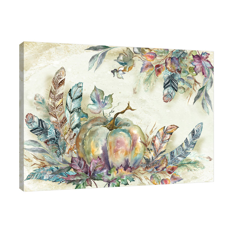 Autumn Jewel Leaves, Pumpkin & Feathers - Wrapped Canvas Painting, 30.5 cm H x 40.6 cm W