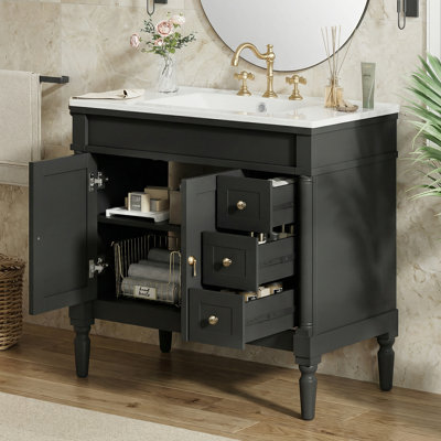 Armoire de rangement moderne de 36 po avec lavabo en céramique, portes à fermeture en douceur et tablettes réglables - Certifié EPA / CARB